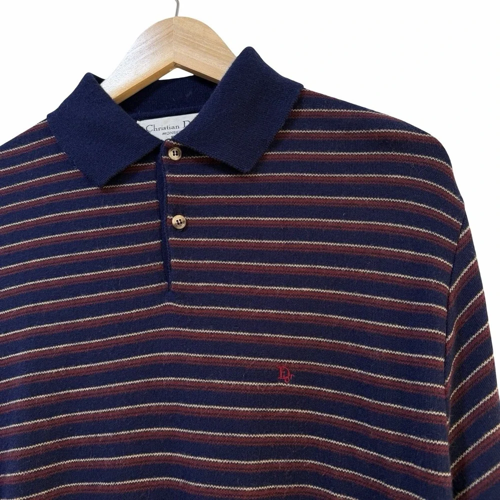 VTG Christian Dior Mens‎ Stripe Polo Sweater Size XL Navy Preppy Ivy League Luxe